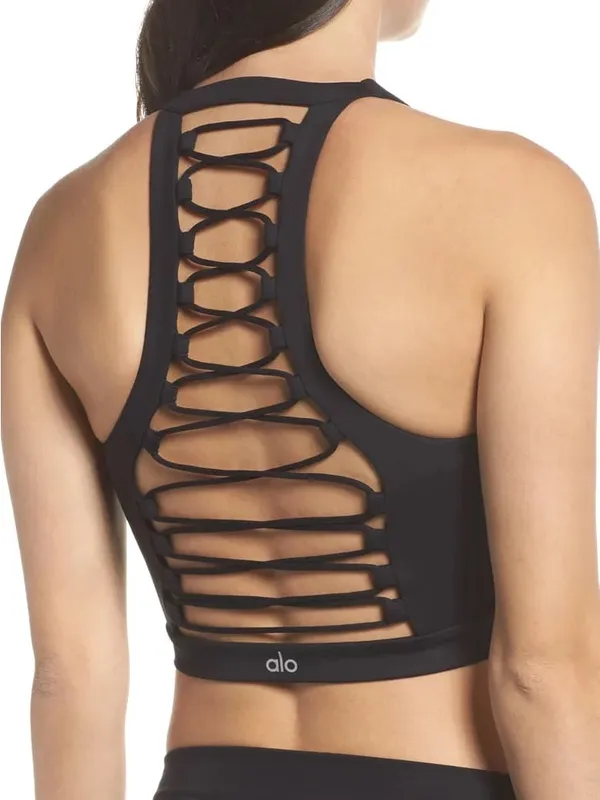 Alo Yoga Black High Neck Lace-Up Back Sports Bra Athleisure Crop Top Size Medium - Image 9