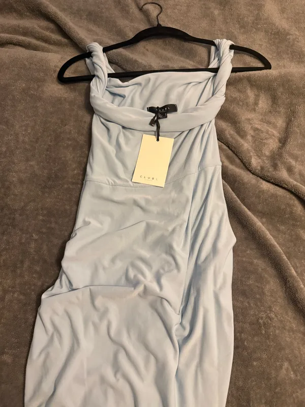 Powder Blue Twisted Asymmetric Maternity Maxi Dress - Image 3