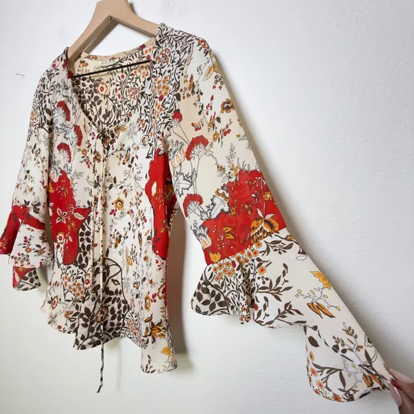VTG 90s Women Fairy Grunge Boho Top Large Patchwork Western Bell‎ Flare Sleeve - Image 5