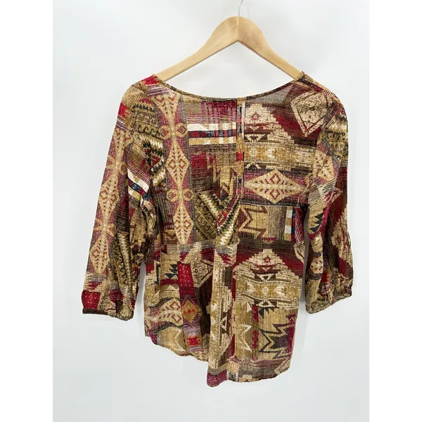 Lauren Ralph Lauren Women‎ Medium Brown Red Southwestern Cotton Blouse BH29 - Image 2