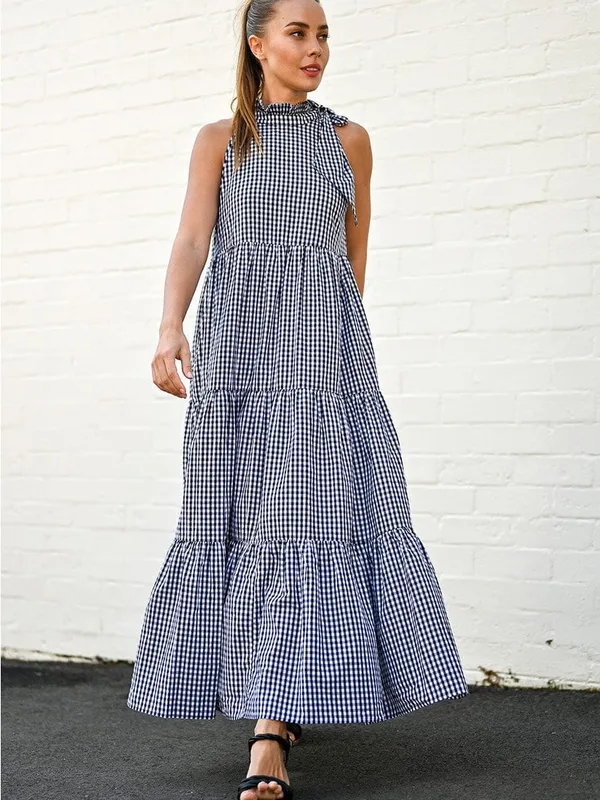 Wyatt Wylde Helena Gingham Tiered Halter Maxi Dress Size M - Image 8