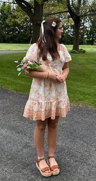 Orange Floral Puff Sleeved Dress - Image 3