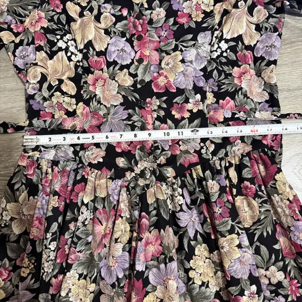 Miss Dorby Vintage 90s Floral Midi Dress L Black Purple Button‎ Front USA Made - Image 8