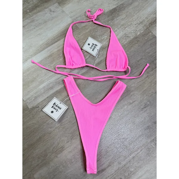 NEW Kulani Kinis Taffy Pink Ribbed Bikini Small Bind Tie Halter High Leg Thong - Image 3