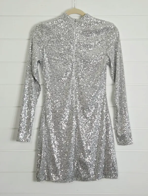 Abercrombie & Fitch Silver Shimmering Sequin Long Sleeve Mini Dress Size S - Image 7