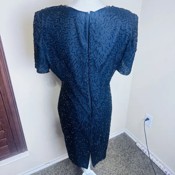 Vintage 90s Laurence Kazar Silk Dress Black fully Beaded Statement Formal XL‎ - Image 5