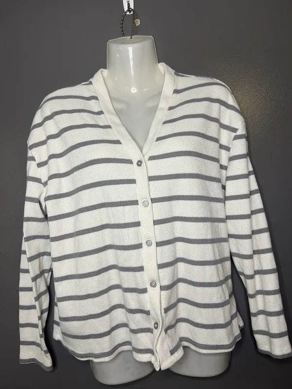 Como Sleep Pajama Set Womens Medium White Gray Stripe Knit Top Pants Lounge - Image 2