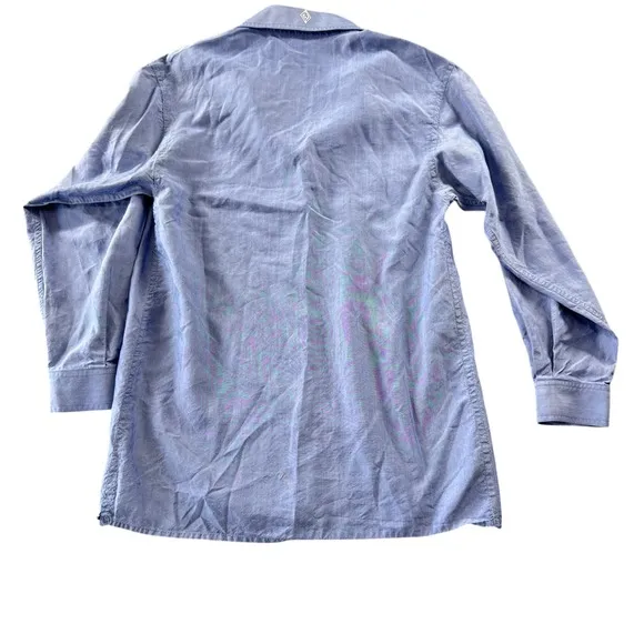 St. John Sport Marie Gray Blue Button Down‎ Shirt Womens Petite Long Sleeve Logo - Image 5