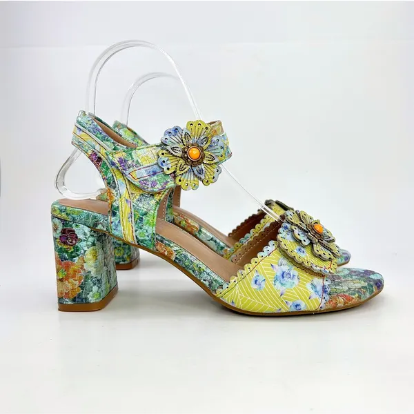 L'Artiste Spring Step Voguesh Floral Leather Block Heel Sandals 39 US 8.5 Boho - Image 5