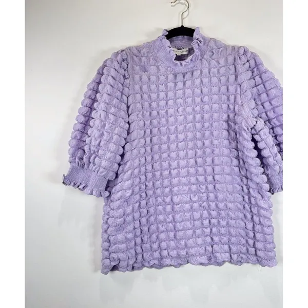English Factory Womens Top Purple Textured Balloon Sleeve Ruffle Blouse Medium - Image 5