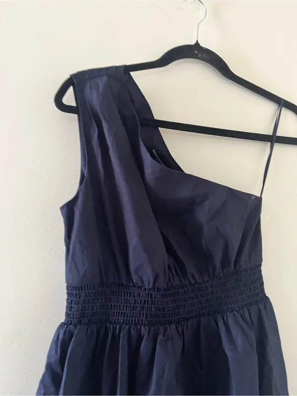 Banana Republic Navy Blue One Shoulder 100% Cotton Poplin Midi Dress Small Beach - Image 2