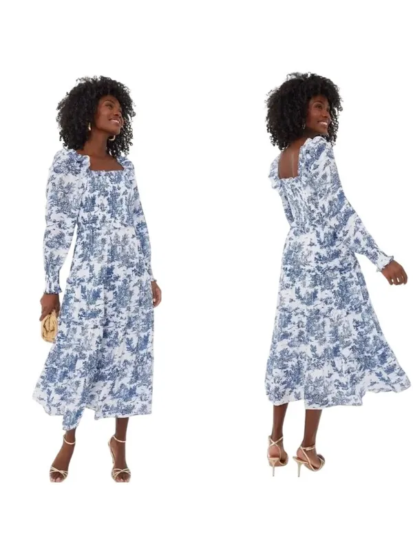 Hyacinth House Long Sleeve Georgina Midi Dress in Blue Toile XXSmall New Womens - Image 12