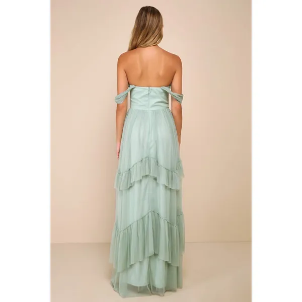 NWT Lulus Stunning Personality Sage Green Mesh Off-the-Shoulder Maxi Dress Sz XS - Image 3