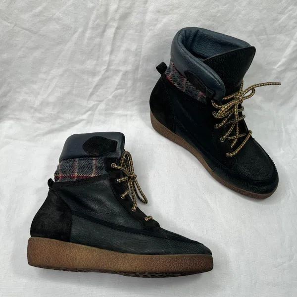 coolway Black Leather Plaid trim Lace Up Ankle Boots US 7 - Image 3