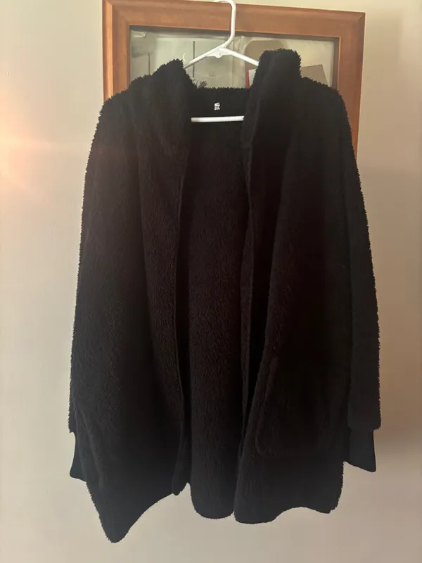 Black Furry Jacket with Hood Size L - Image 2