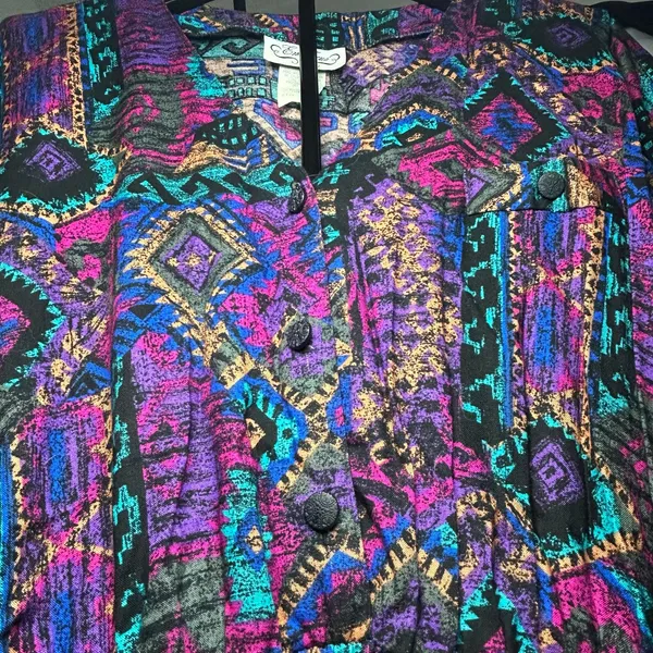 VTG En Focus Geometric Jumpsuit Purple L Rayon Southwestern Boho 90s USA Made - Image 8