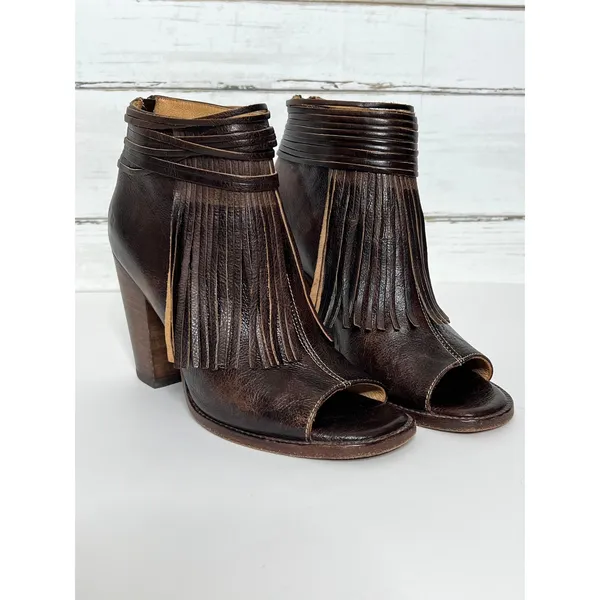Bed Stu Onset Olivia Fringe Peep Toe Bootie Brown Leather Shoe Size 9.5 - Image 13