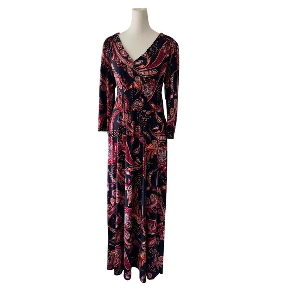 Maggy London Navy & Coral V-Neck Smocked Waist 3/4 Sleeve Stretch Maxi Dress - Image 3
