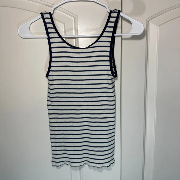 Brandy Melville Tank Top Womens Cotton White Blue Striped Ribbed Lettuce Hem‎ - Image 3