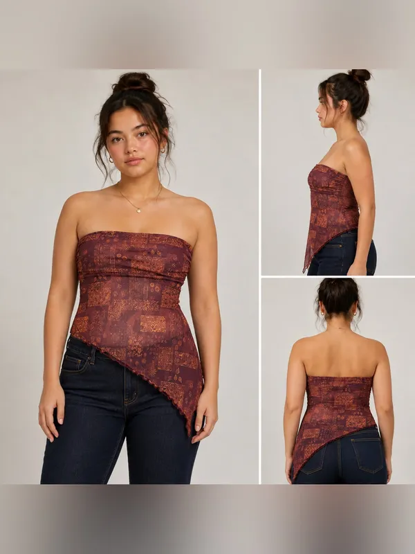 Ruby & Jewell Los Angeles Asymmetrical Mesh Tube Top Brown Paisley Size L NWT - Image 2