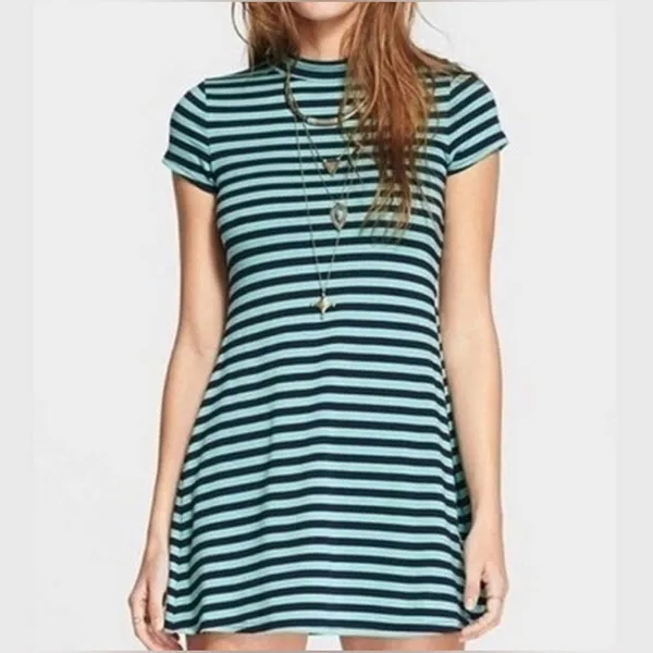 Free People Beach On The Line Ponte Mini Dress Large‎ Navy Mint Striped Casual - Image 2