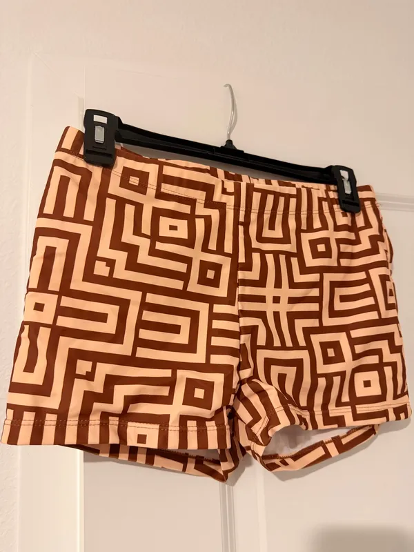 Women’s Brown/Beige Geometric 2pc Bikini Top w/ Swim Shorts L - Image 3