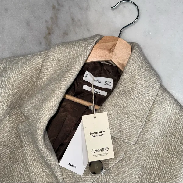 Mango Wool Blend Herringbone Double Breasted Coat Neutral Beige Medium New NWT - Image 10