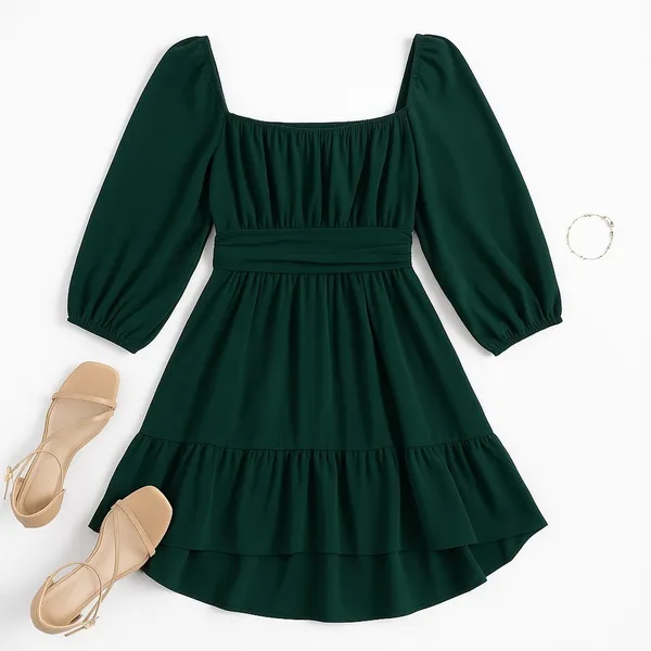 Exlura Green Square Neck Puff Sleeve High Low Mini Dress XL Cottagecore Boho - Image 4