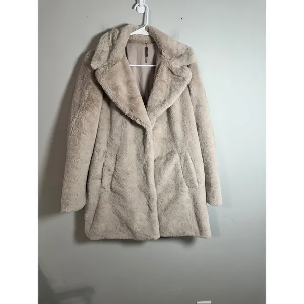 Rachel Rachel Roy Women Beige Faux‎ Fur Notch Lapel Snap Front Coat Medium - Image 3