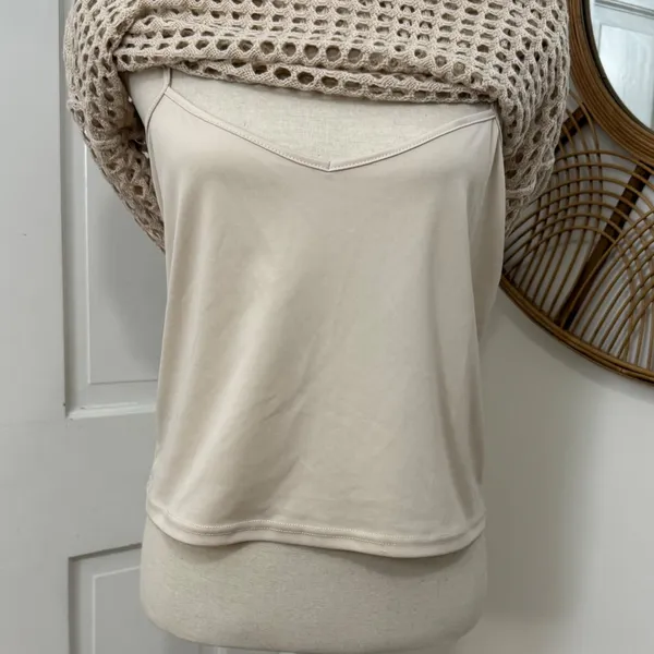 Steve‎ Madden Crochet Top L Beige Open Knit Boho Minimalist Beachy Neutral Boxy - Image 3