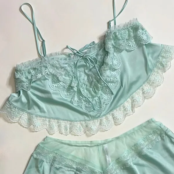 ANTHROPOLOGIE Two Piece Set Crop Lace Ruffle Cami Short Mint Green Lacey Medium - Image 3