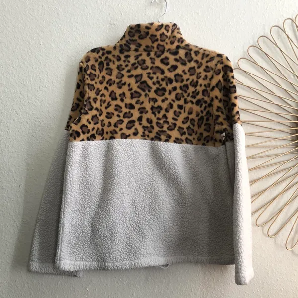 Womens Leopard Animal Quarter Zip Sweatshirt Sweater Fall Winter Autumn Fuzzy Fleece Faux Fur Long Sleeve Top Sweater Pullover Casual Oversize Pocket-White Black Brown - Image 2