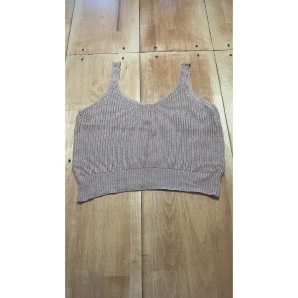 Womens Knit Cropped Tank Top Size L Beige V‎ Neck Sleeveless Pullover - Image 3