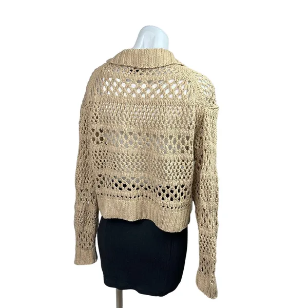 Gilli Beige Collared Button Down Crochet Knit Boho Cardigan Sweater Top Size S Brown - Image 4
