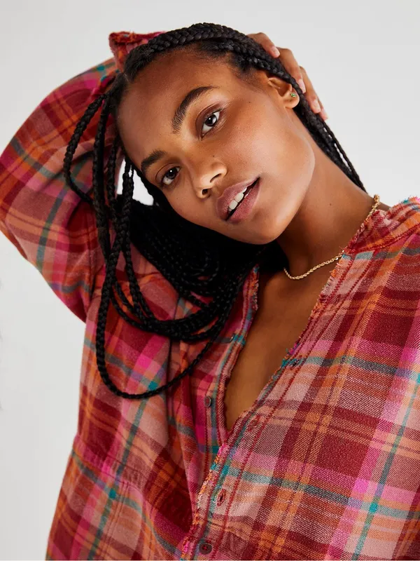 Free People We The Free Summer Daydream Plaid Button Down Shirt XS Boho - Image 2