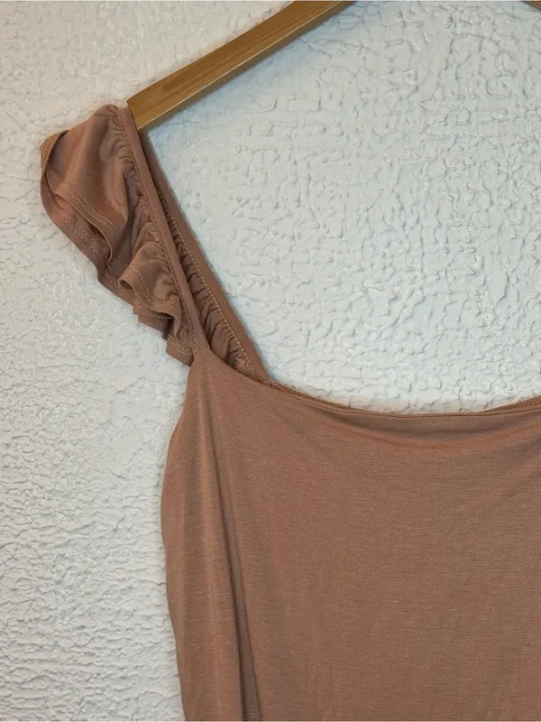 Lulu's Mauve Brown Ruffle Strap Bodysuit - Image 4