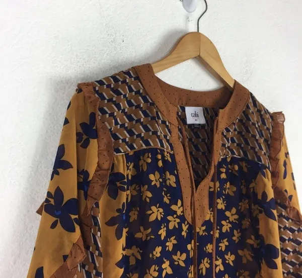 Cabi Harmony Gold Navy Ruffle Floral Peasant Semi Sheer Blouse Top XS - Image 8