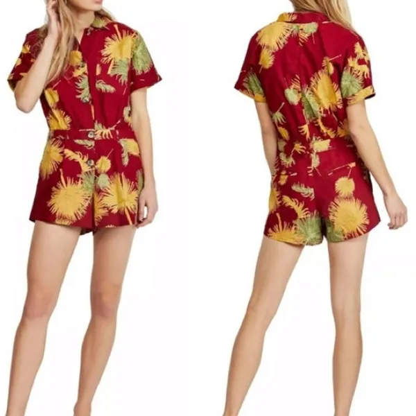 Free People Malibu Red & Yellow Tropical Hawaiian Romper Playsuit - Image 2