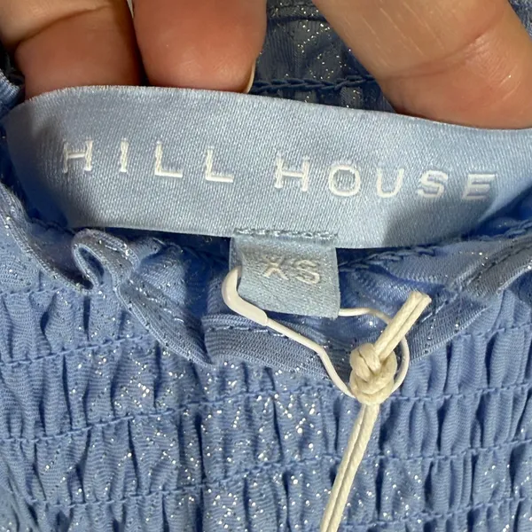 Hill House Home Athena Nap Dress XS Light Blue Glitter Check Metallic Smocked NW - Image 2