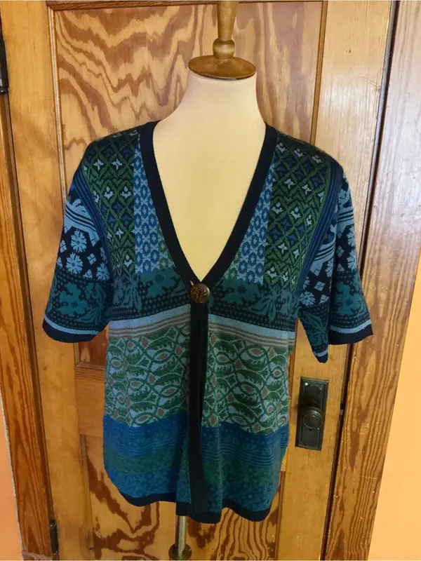 Coldwater Creek USA Mixed Pattern Cardigan Blue Green Rayon Knit Boho Sweater - Image 8