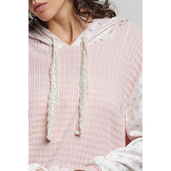 POL Mixed Knit Contrast Print Sleeve Hoodie with Kangaroo Pocket - Pink - Small - Image 6