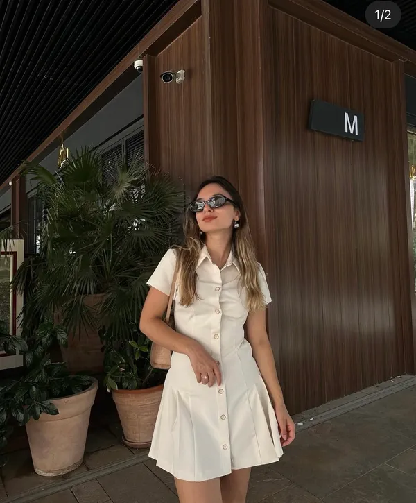 Zara mini dress pleated skirt collar button up ivory casual classic old money - Image 2