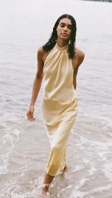 Zara butter Yellow Backless Halter maxi Dress holiday evening wedding - Image 19