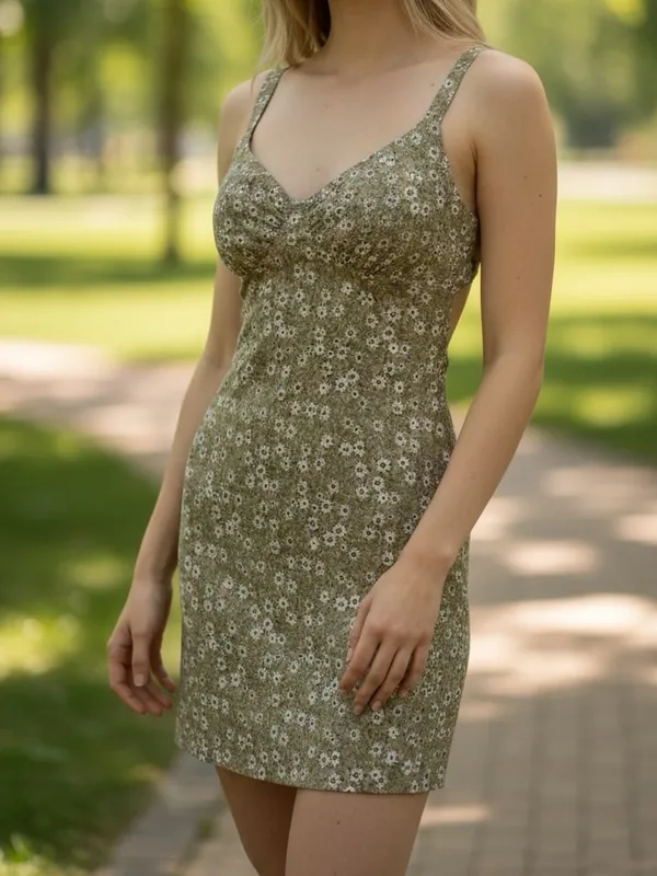 Floral Slip Mini Dress in Olive Sz small - Image 2