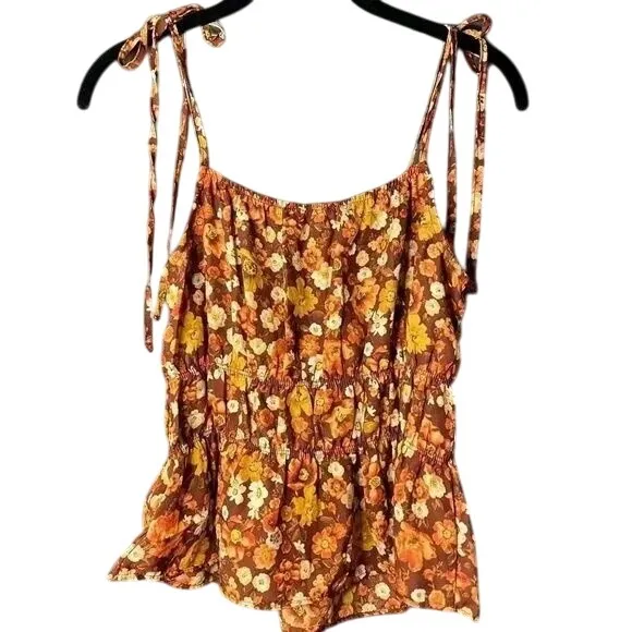 Floral Tie-Shoulder Tank Top in Autumn Brown Tones with Peplum Detail‎ - Image 2
