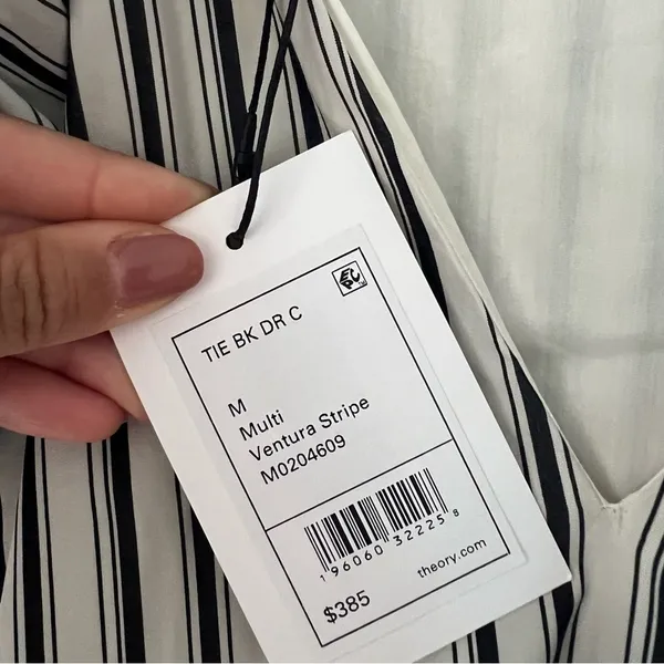 NWT THEORY Tie-Back Dress in Striped White Black Cotton Poplin Sz M - Image 5