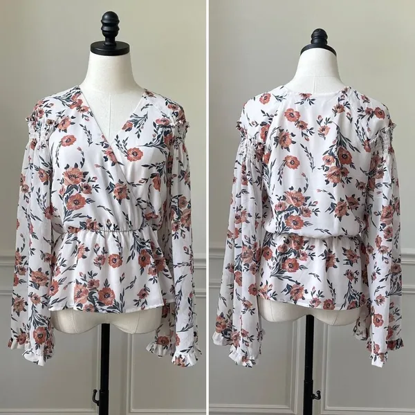 June & Hudson Bell Sleeve Crossfront Peplum Blouse Floral Chiffon M - Image 2