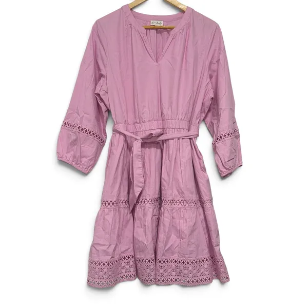 Wonderly Pink Cotton Tiered Eyelet Lace Dress Balloon Sleeve PXL - Image 2