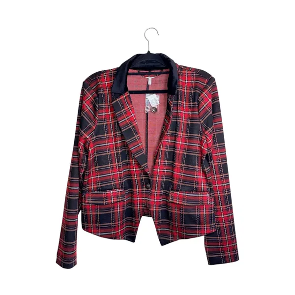 Maurices Tartan Plaid Cropped Blazer Red Black Velvet Collar NWT - Image 2
