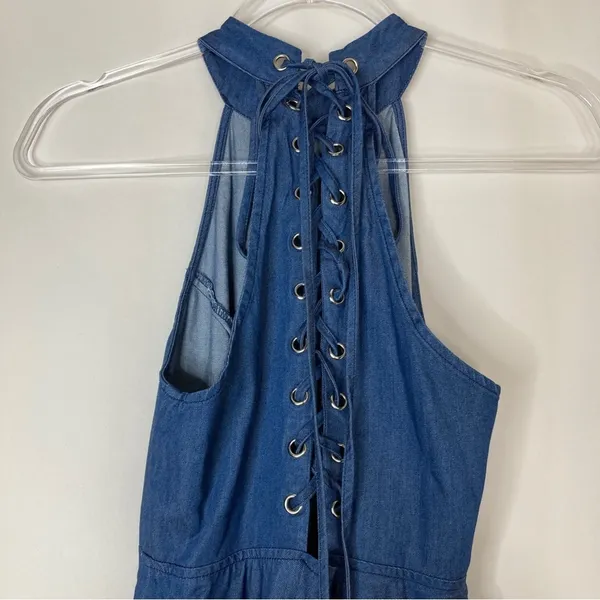 Lulus Dark Wash Chambray Sleeveless Halter Mini Dress Lace Up Womens Small - Image 6